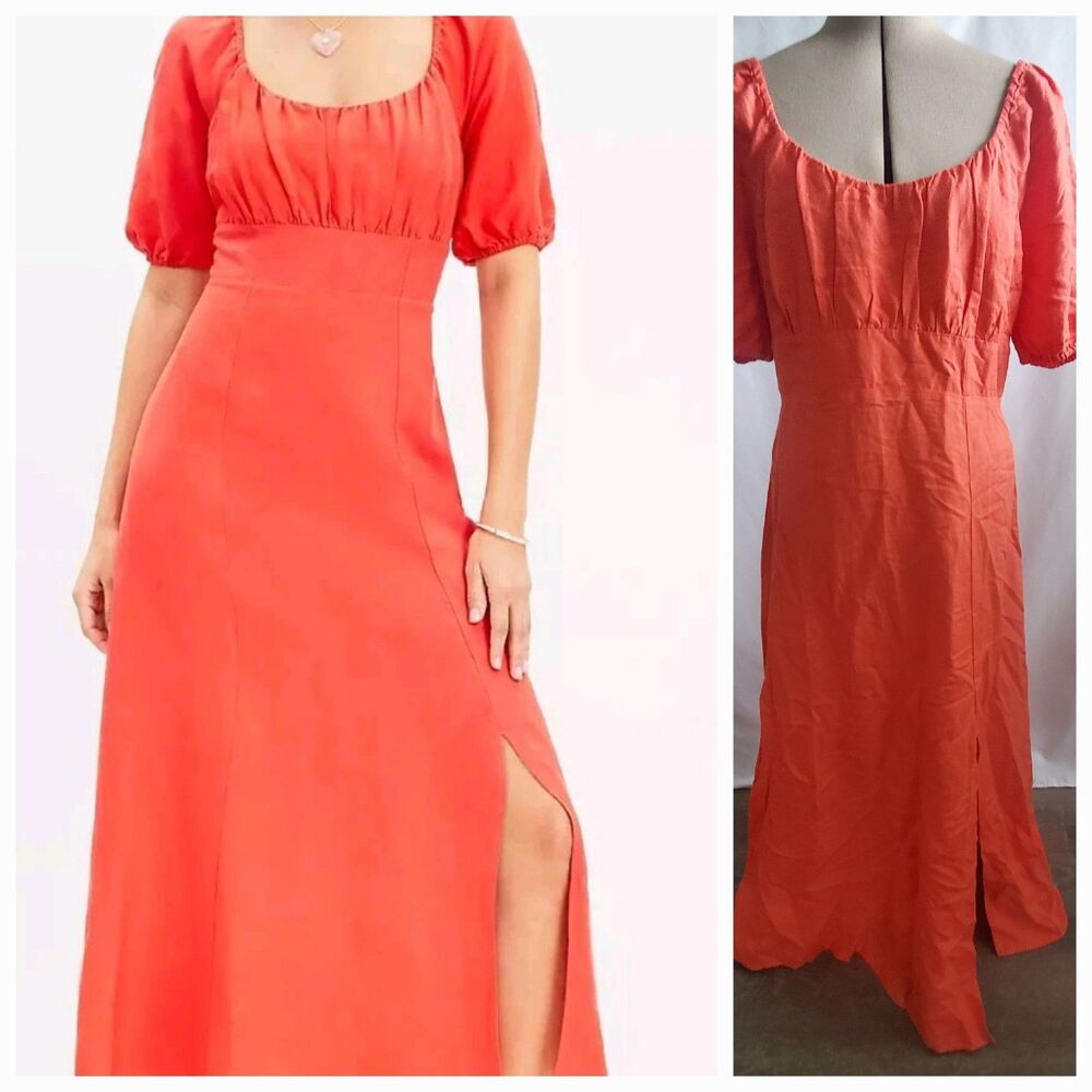 NWT LOFT Linen Blend Maxi Dress Size 6 Coral Orange Puff Sleeve Square Neck